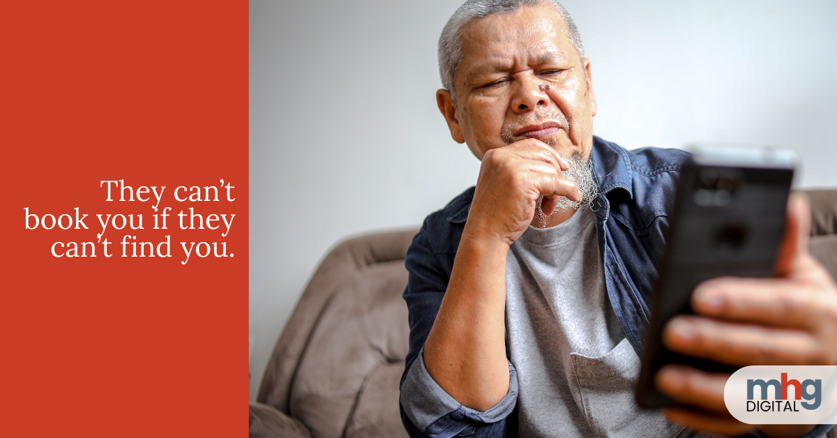 Confused man looking at cell phone with the text "They can't book you if they can't find you"
